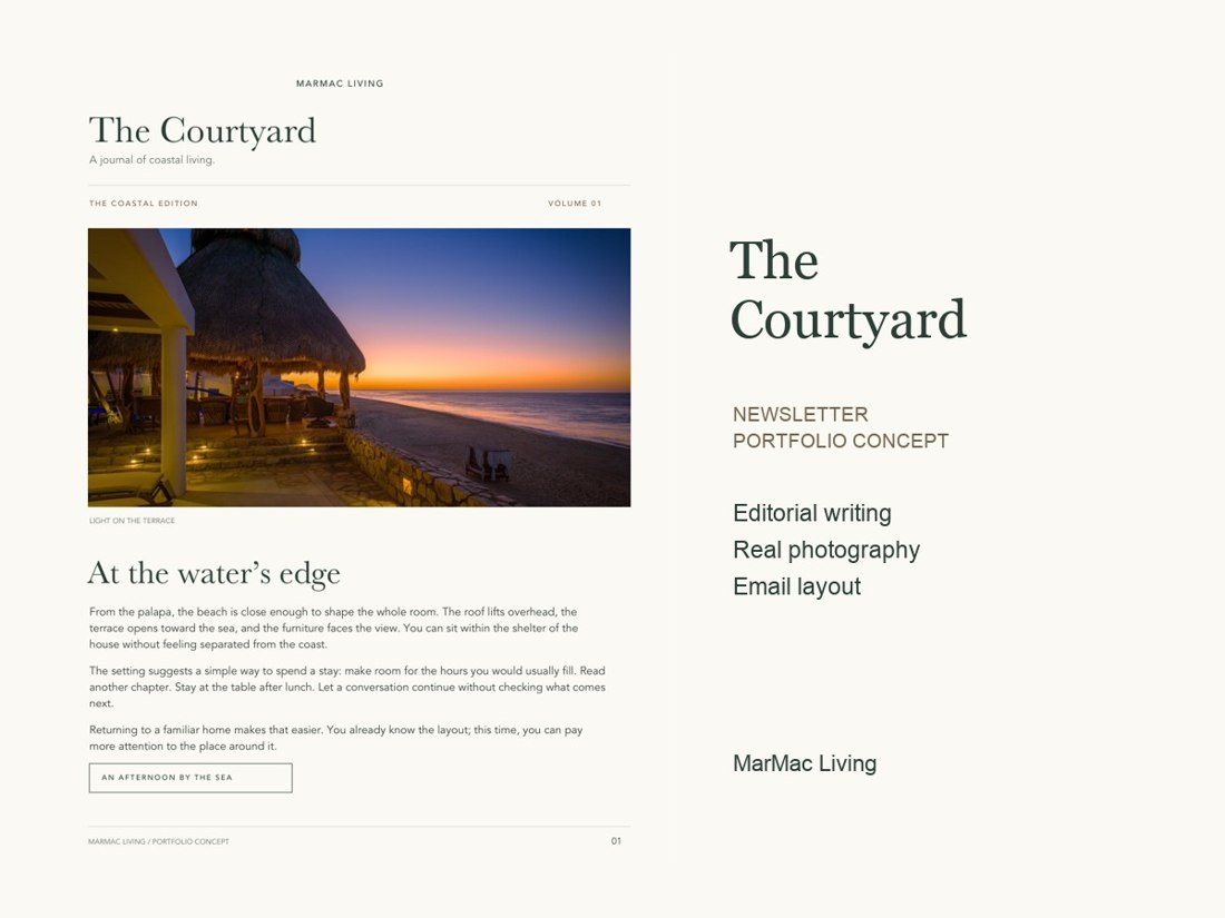 The Courtyard coastal newsletter cover with an illuminated beachfront palapa