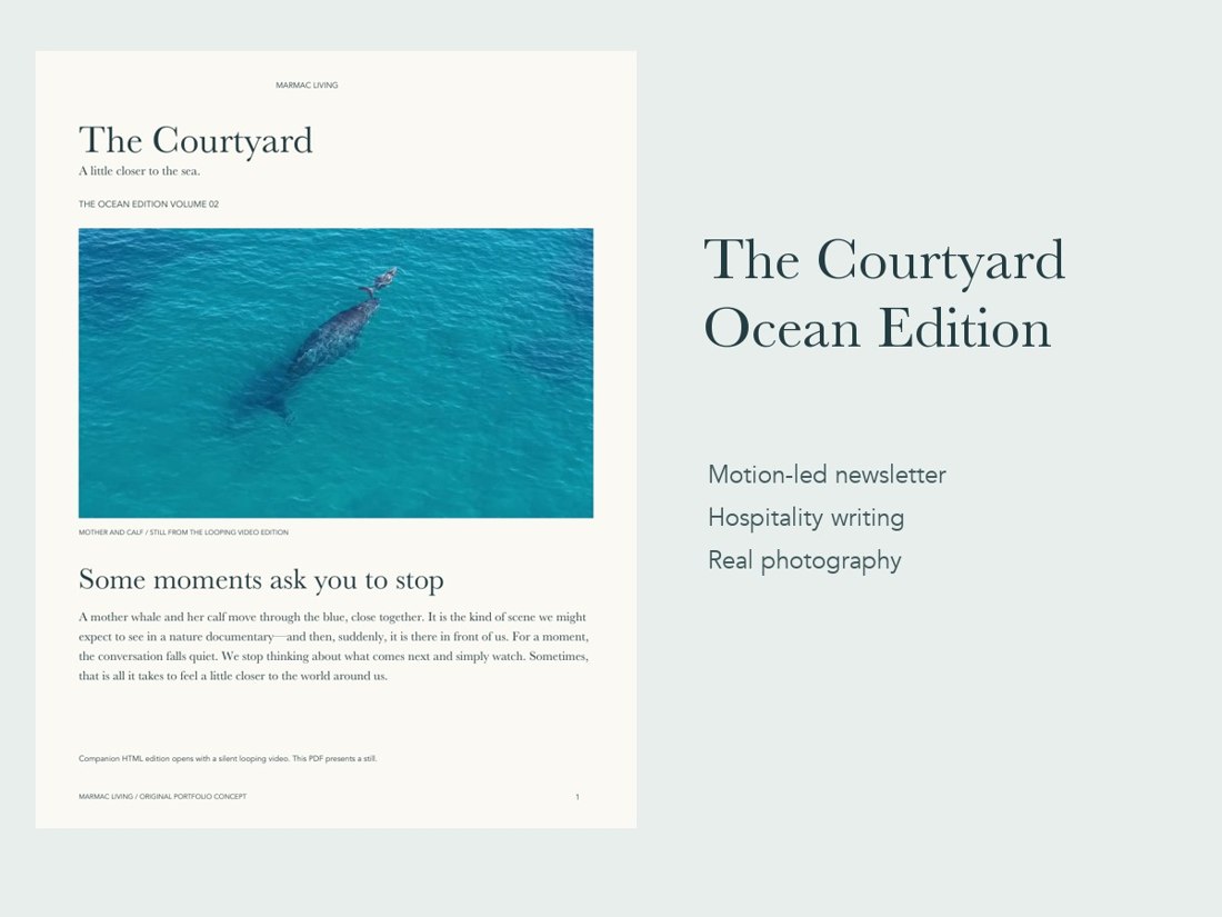 The Courtyard Ocean Edition cover featuring a mother whale and her calf